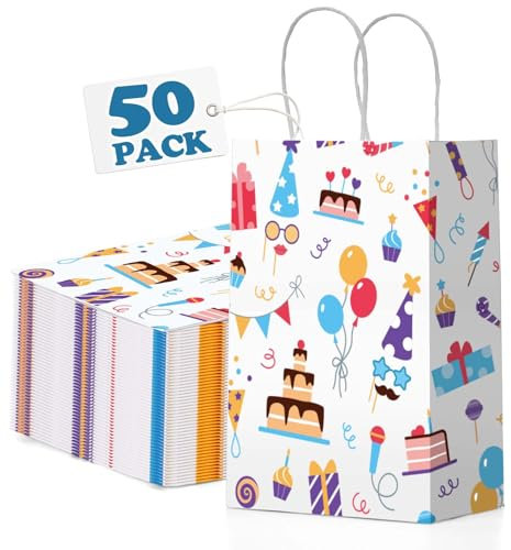 Switory Geschenktüten 50 Stück Party Papiertüten, Weiß Klein Papiertüten mit Henkel zum Mitgebsel Geburtstag, Kindergeburtstag, Geschenken, Party 15x8x21CM