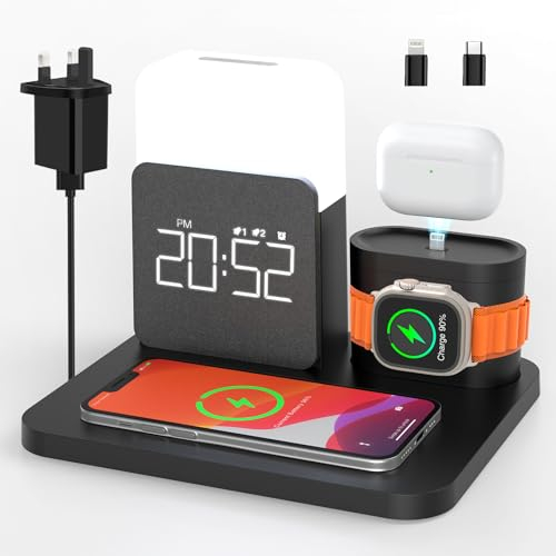 COLSUR 6 in 1 Wireless Charging Station, MagSafe 18W Wireless Charger with Alarm Clock, Night Light, Wireless Charger Stand for iPhone 16 15 14 13 12 11 X Pro Max, Apple Watch, AirPods