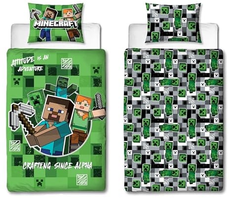 Character World Minecraft Offizielles Bettwäsche-Set für Einzelbett, Blockkaro, Gaming-Design, wendbar, 2-seitig, inkl. passendem Kissenbezug, Einzelbett-Set