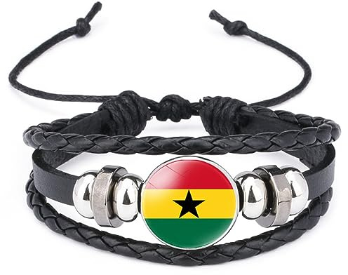 GONMFKM Modisches Ghana-Flaggen-Armband – Afrikanische Länder, Mehrlagiges Geflochtenes Leder, Verstellbarer Armreif, Modisches Armband, Schmuck, Geschenk, Accessoires Für Damen Und Herren, Patrioti