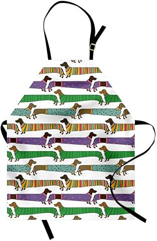 ABAKUHAUS Hundeliebhaber Kochschürze 2er-Pack, Karikatur-Art-Dackel gekleidet in Pyjamas Chevron zeichnet Tupfen und Herzen, Höhenverstellbar Klare Farben, 67 cm x 80 cm, Grün Lila