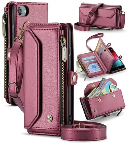 For iPhone 6/7/8, for iPhone SE (2nd/3rd Gen) Case, Crossbody Wallet Phone Case RFID Blocking Kickstand Anti-Drop Wireless Charging Card Slots PU Leather Shoulder Bag Clutch Adjustable Strap, Burgundy