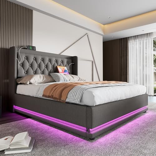 Luxus Polsterbett 160x200cm, Grau Baumwolle - Hydraulischer Stauraum, USB-C Ladefunktion, 3-seitige LED-Beleuchtung - Gepolstertes Kopfteil, erholsamen Schlaf