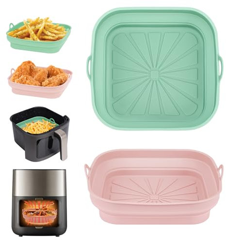 Alyvisun Moldes Silicona Freidora de Aire, 2 Piezas Bandeja Accesorios para Freidora sin Aceite Reutilizable Recipientes Cuadrado Cesta Utensilios para Air Fryer, Microondas, Horno (Rosa+Verde)