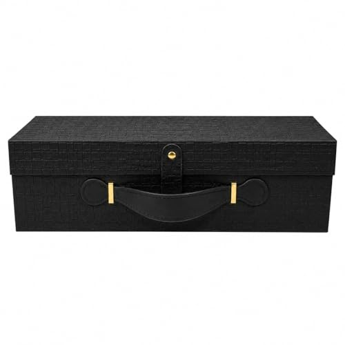Emartbuy Black Folding Magnetic Bottle Gift Box - 33.5 x 10.2 x 10.1 cm | Luxury Croc Textured Rigid Wine Gift Box with Faux Leather Handle, Perfect for Birthdays, Anniversaries & Festive Hampers