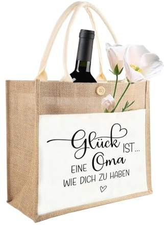 PIujsym Oma Geschenk, Jutetasche mit Spruch Glück ist eine Oma wie dich zu haben, Stofftasche Baumwolltasche für Geburtstag Muttertag Weihnachten, Einkaufstasche Shopper für Alltag und Freizeit