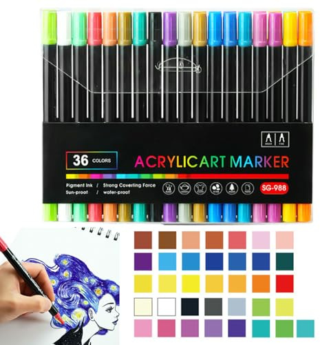 Acrylfarben-Marker-Set – 36 24 Farben, Doppelkopf-Acrylstifte für Stein, Holz, Stoff, dauerhaft wasserfest, Kunst, Farbstifte zum Zeichnen, Malen, Basteln | Textmarker-Geschenkset für die Schule