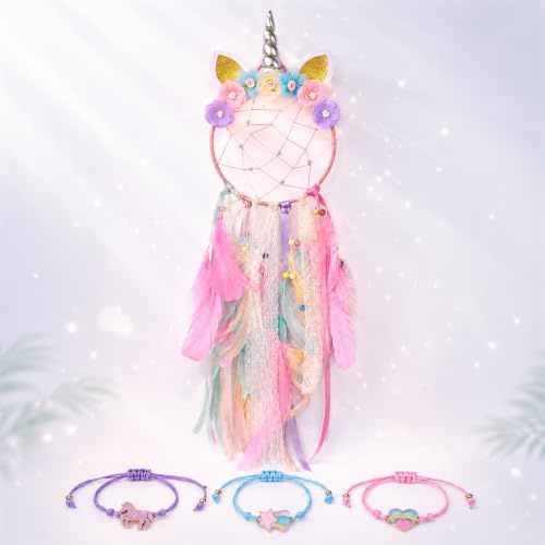 Traumfänger mit 3 Einhorn Armbändern – Kinderzimmer Wanddeko Mädchen, Boho Dreamcatcher, Geschenk für Mädchen, Dekoration Babyzimmer