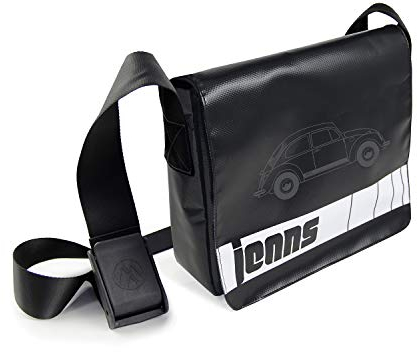 BRISA VW Collection - Volkswagen Große Jeans-Schulter-Umhänge-Tasche mit Käfer Design aus LKW-Plane 33 x 40 x 12 cm (Jeans Beetle/Schwarz)