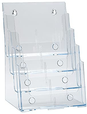 Azar Displays 252376 Four Tier, Four Pocket Letter Brochure File Holder for Flyer, Office Supplies, Paper Document or Magazines, Clear Organizer for Wall and Counter Desktop Stand, 8.5 x 11