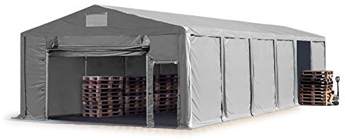 TOOLPORT Lagerzelt Industriezelt 8x12 m Zelthalle mit 3m Seitenhöhe PVC Plane 850 N grau wasserdicht Ganzjahreszelt mit Hochziehtor