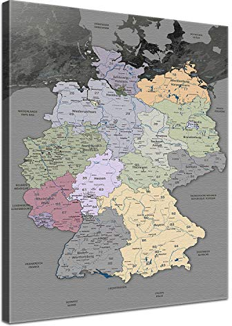 LANA KK - Premium Pinnwand Deutschlandkarte - Edelgrau - Deutsch - in 80 x 120 cm, stabile Rückwand zum Pinnen inkl. Starterkit - Leinwand-Kunstdruck Wandbild Landkarte XXL