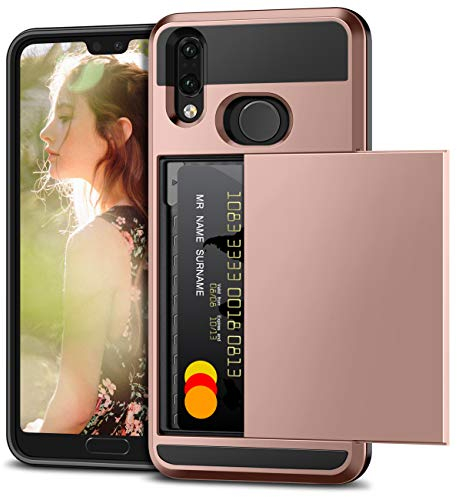 Vunake für Huawei P20 Lite Hülle Kartenfach Handyhülle Doppelte Schutzschicht Silikon TPU + PC Fallschutz Card Holder Schutzhülle für Huawei P20 Lite Case Cover Rose Gold