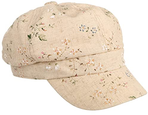 Lipodo Flowers Leinen Ballonmütze Damen Schirmmütze mit Blumenmuster Bakerboy-Mütze mit Stretchband Damencap Frühjahr Sommer beige S (55-56 cm)