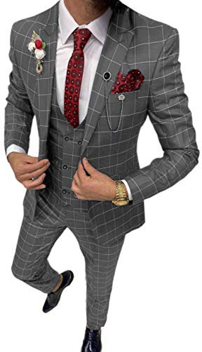Costume 3 pièces pour homme - Blazer à carreaux - Coupe ajustée - Pour mariage - Pour garçons d'honneur (blazer + gilet + pantalon), gris, 44