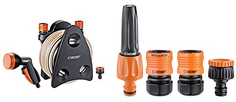 Claber 77304-10 Carrello Avvolgitubo, Nero & 51359 Set Lance Diritte con Raccordi, 1/2 Pollici, Nero/Arancione