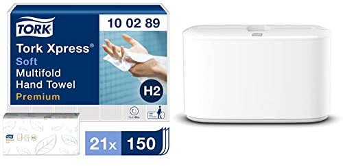 Tork Xpress weiche Multifold Papierhandtücher 100289 - H2 Premium Falthandtücher, 2-lagig, weiß & Xpress Tischspender für Multifold Papierhandtücher 552200 - H2 Tisch-Papierhandtuchspender, weiß