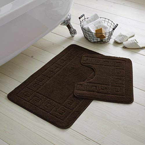 2 Pieces GREEK Bath Mat Rugs for Bathroom - Non Slip Anti Mould Bath Mat Set - Soft - Extra Water Absorbent Pedestal Ultra Plush Bathroom Mats Toilet Shower Set (Chocolate)