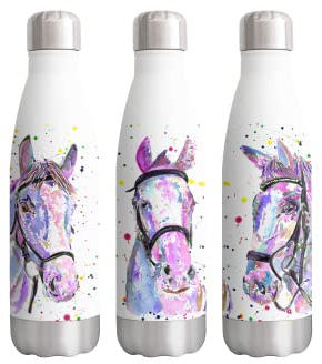 Vixar Horses Horse Pink (IS ONE BOTTLE) Watercolour Farm animals rainbow art Bottle double Wall insulated Stainless steel sport Drinks 500ml WHITE Gift ideal for school work office