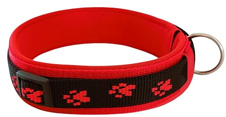 Buddypack-Pfötchen-Hundehalsband breit gepolstert (Rot-Schwarz-Rot, S/M) | 4 cm breit für kleine, 5 cm breit für große Hunde, Größe verstellbar, stabiler Klickverschluß, weiches Neopren-Polster