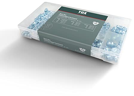 TOX Schmiernippel-Sortiment aus verzinktem Stahl in 10 gängigen Größen M6, M8 und M10 + gerade, 45° und 90° Ausführung in transparenter Transportbox, 110-tlg., 09490206