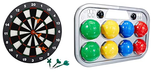 Relaxdays Dartscheibe 42 cm, Softdart Safety Darts, 6 Pfeile, kindgerecht, Standfuß Sicherheits-Dartboard, schwarz-weiß & Simba 107401391 - Boccia Spiel Tragekorb, 8 Kugeln 7x8cm, 2 Zielkugeln