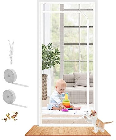 Dixutzi Upgraded Pet Screen Door Thickened Cat Resistant Mesh Screen Door for Living Room, Bedroom, Patio, Dog Cat Scratch Proof Screen with Zipper Closure (Fits Door Size up to 32''x 80'', White)