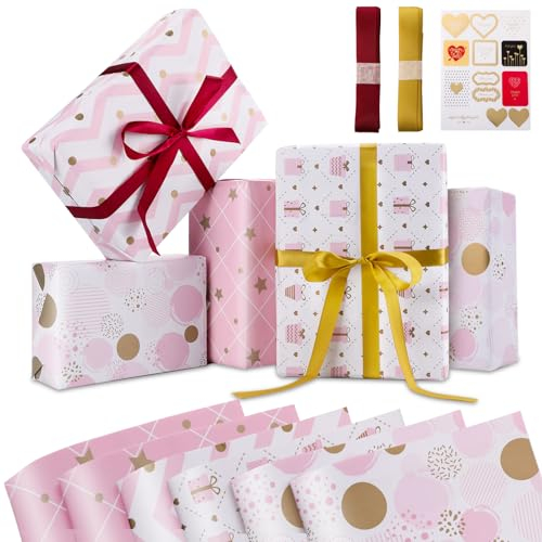 Prasacco Rosa Geschenkpapier Set, 6 Blatt 70 x 50 cm Geburtstagsgeschenkpapier Blumenstrauß Geschenkpapier Romantisches Geschenkpapier für Damen und Mädchen mit 2 Bündel Bänder + 1 Blatt Aufkleber