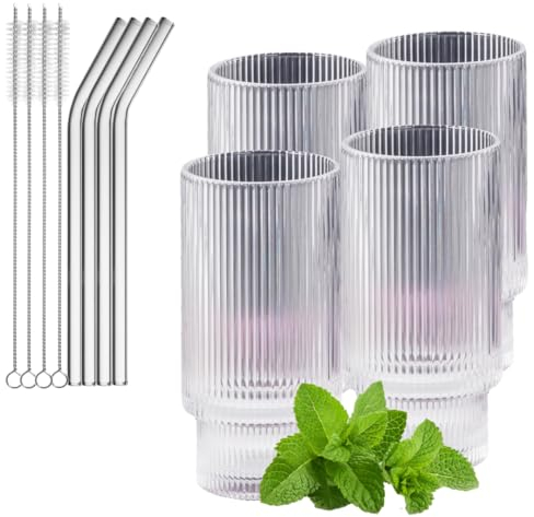 Pash Home Geriffeltes Glas [4er Set Gläser 310ml] inkl. Strohhalm und Reinigungskit, Gerippte, Riffel, Ribbed Trinkgläser Set/Wassergläser Set für Cocktail, Longdrink, Latte Macchiato, Eiskaffee