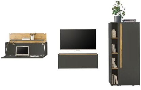 Furn.Design Wohnwand mit Sekretär in grau matt und Wotan Eiche Wohnkombination 4-teilig 310 cm, Center