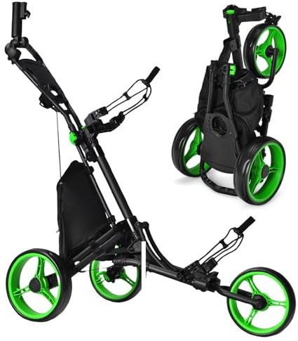 SPOTRAVEL 3 Wheel Golf Trolley, Folding Golf Cart | with Storage Bag, Umbrella Holder, Foot Brake & Built-in Cooler, Portable Golf Push Trolley
