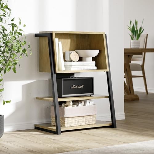 Fenge Libreria Scaffale a 4 Ripiani, Scaffale Portaoggetti, Mobile HIFI, Legno+Metallo, Mobile Giradischi Rack per Amplificatore/Turno/Microonde/Stampante (Rovere)