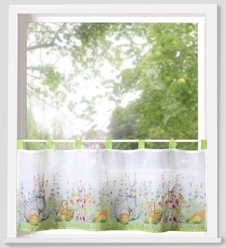 Scheibengardine 45x120 cm Osterhase - Fenster Deko Frühling Hase Ostern Bunt Blumen Wiese Eier Kinder Zimmer