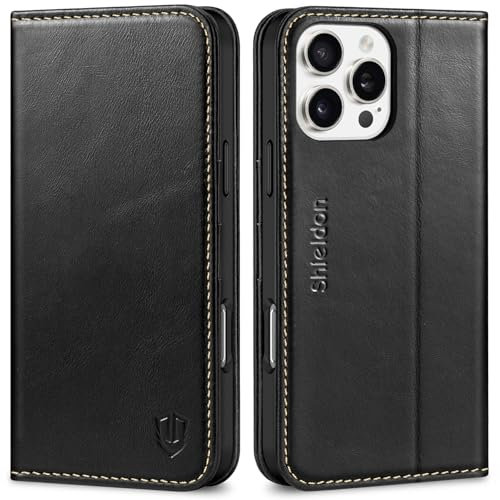 SHIELDON Case for iPhone 16 Pro Max 6.9, Genuine Leather Wallet Case with [Card Slot][Kickstand][RFID Blocking][Shockproof TPU Shell] Protective Case Compatible with iPhone 16 Pro Max - Retro Black