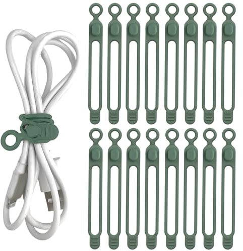 16 Pcs Silicone Cable Ties, Rubber Cable Ties Reusable Cable Ties Cable Tidy Cable Organiser for Earphone Phone Charger Audio Cable Computer (Green)