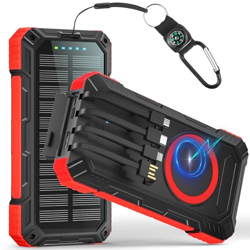 Wireless Solar PowerBank 56800 mAh mit kabelloser Ladefunktion, wasserdicht, Lieferung mit 5 Ausgängen, 3 Eingängen, Taschenlampe, Karabiner, Qc 30 W und USB C Pd 20 W für Handys, Tablets
