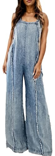 Fiacafyo Women Casual Wide Leg Denim Dungaree Jumpsuit Loose Fit Jean Denim Bib Jumpsuit High Waist Jean Pants Jumpsuits with Pockets (B-Blue, M)