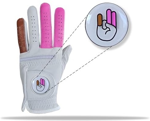 Lustiger Shocker-Golfhandschuh für Herren, magnetischer Ballmarker auf jedem Golfhandschuh, Premium, 100 % Cabretta-Leder, langlebiger Griff, für Erwachsene, weiß, rosa, braun, Finger (groß, auf der