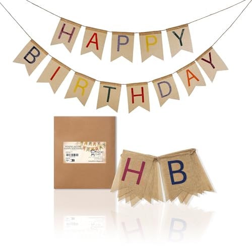 PHENO FLAGS Happy Birthday Stoff-Wimpelketten (2m und 2,5m) aus Leinen, Wiederverwendbare Geburtstags Dekoration bunt Bedruckt