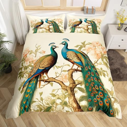 Peacock Kids Duvet Cover King Size,Watercolor Hand-painted Flowers Tree Leaves Bedding Set,Boys Girls Room Decor,Bird Wild Animals Blue Green Colorful Comforter Cover 2 Pillowcases,No Comforter
