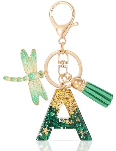 MWOOT Letter A Keychain Initiale Buchstaben-Schlüsselanhänger,Alphabet Harz Key Chain mit Libelle Quaste Anhänger Handtasche Geldbörse Charm,Grün Keyring für Frauen(A)