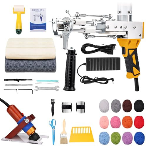 ZOWWFAST Teppich-Tufting-Pistole mit Teppich-Trimmer-Kit, Tufting Gun Set mit Digitaler Geschwindigkeitsanzeige, Tufting Maschine mit Tufting-Tuch|Garn |KitWalze|Bürste|Schaber |Stampfer -Gelb