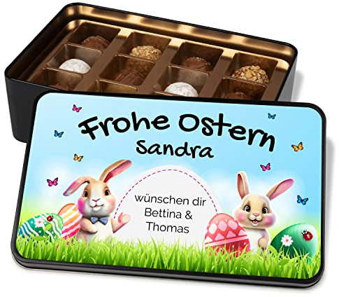 Personalisierte Schokolade zu Ostern - Dein Ostergeschenk „Frohe Ostern“ – süße Ostergrüße - Ostereier & Osterhasen - Geschenkdose mit 12 Confiserie-Pralinen