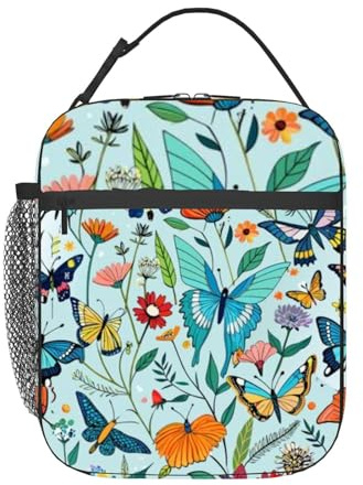 Isolierte Lunchtasche mit freigeistigen Schmetterlingen und Vögeln zwischen Wildblumen für Männer und Frauen, groß, tragbar, wasserdicht, wiederverwendbar, Thermo-Lunchbox mit Taschen für Arbei