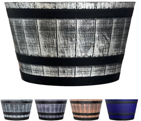 SG Traders Large Half Barrel Cask Planter, Flower Pots Outdoor Garden Planters, Indoor Plant Pot with Drainage Holes, Plastic, Tan with Black Straps, 40 x 24cm