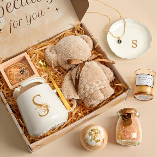 Golray Initial S Gifts for Women Personalized Self Care Spa Gift with Mug & Bear Hand Towel, Unique Christmas Birthday Gift Basket Set for Mom Wife Girlfriend Sister Friends Teen Teacher Her (S)