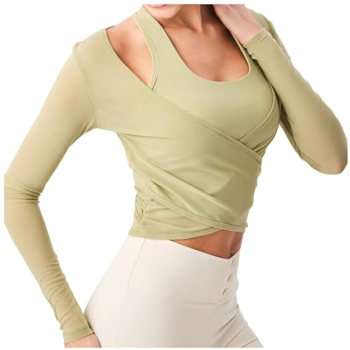 Damen Y2k Ballett Wrap Yoga Top Langarm Tiefer V-Ausschnitt Slim Fit Pilates Ballet Workout Tops Sexy Blickdichter Wickeloberteil Weiches Bandage Shirt Einfarbig Wickelbluse Dancewear Tanzbekleidung
