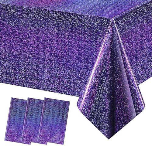 3 Stück Laser Holografisch Tischtuch Lila Rechteckige Wasserdicht Glitzer Tischdecke, 137x274cm Laser Folie Plastik Tischdecken für Party Geburtstag Hochzeit Dekoration Metallische Tischfolie