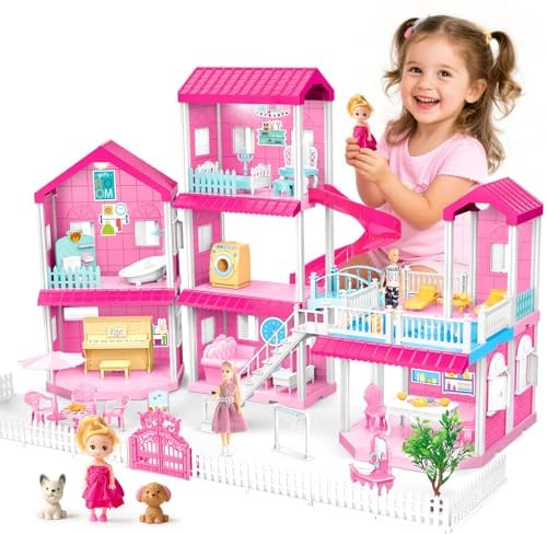 3 Stöckiges DIY Puppenhaus für Mädchen Bausteinen Spielhaus Spielzeug mit Puppen Figur Welpe Möbel Zubehör Pink Villa Klemmbausteine Haus Weihnachten Geburtstags Geschenk für Mädchen ab 6 7 8 9 10 11