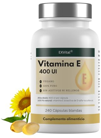 EXVital Vitamin E 400 I.E., 240 vegane Softgel Kapseln, mit D-Alpha-Tocopherol, Vitamin E aus Sonnenblumen, hochdosiert & laborgeprüft